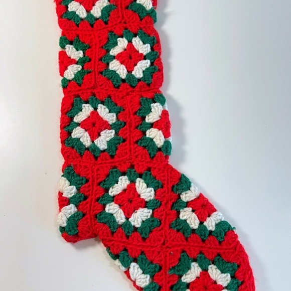 Vtg Granny Square Christmas Stocking Set Red Hand Crocheted 70s Holiday Decor - Picture 5 of 11